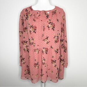 DR2 By Daniel Rainn Womens Pink Floral Tie-Neck Long Sleeve Smocked Top Size 2X